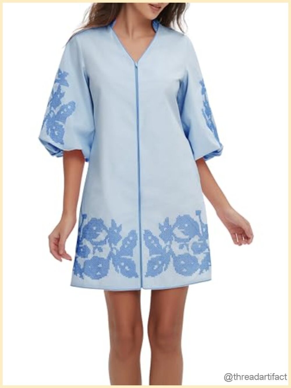 Floral Embroidery Mini Dress 3/4 Puff Sleeves V Neck Zip Party Dress